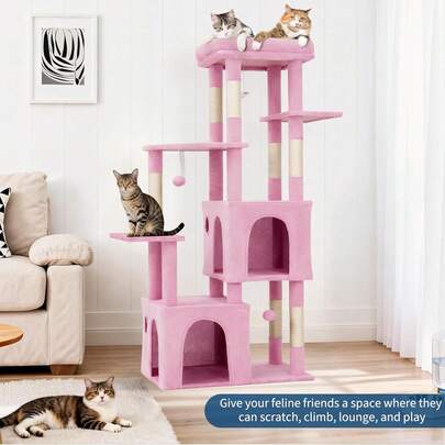 Torre de Gatos Multinivel de 61 Pulgadas para Gatos Grandes y Maine Coons | Plataforma Extragrande, 2 Condominios Espaciosos, Postes de Rascar de Sisal Resistentes y Juguetes, Parque de Juegos Moderno Estable