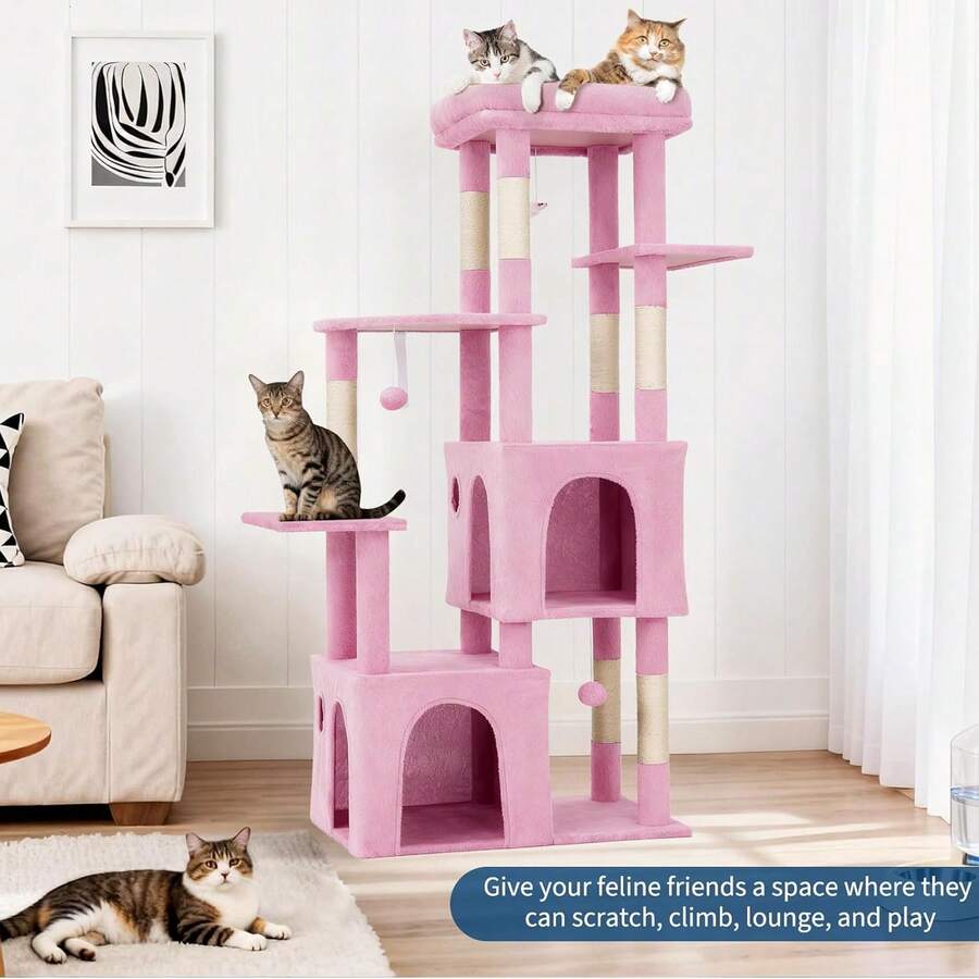 Torre de Gatos Multinivel de 61 Pulgadas para Gatos Grandes y Maine Coons | Plataforma Extragrande, 2 Condominios Espaciosos, Postes de Rascar de Sisal Resistentes y Juguetes, Parque de Juegos Moderno Estable - Rosa - Ver 1
