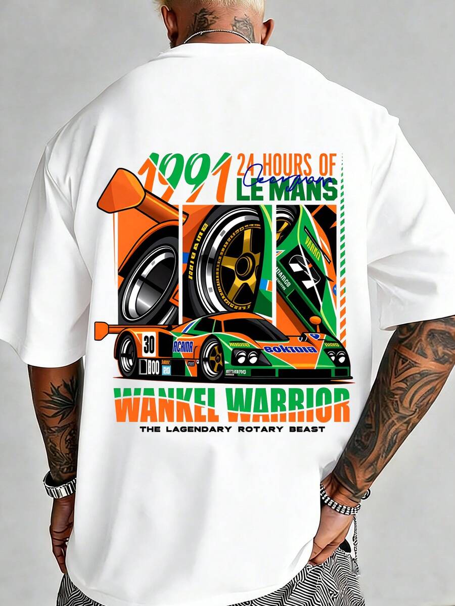 Rally Car Graphic T-Shirt, Casual Men's T-Shirt, Pure Cotton, Streetwear, Retro Style, A Must-Have For Car Enthusiasts, Loose And Casual Fit, Comfortable And Versatile, Suitable For Everyday Wear And Street Style, Summer Clothing, A Great Gift For Men. - 白色 - 查看 1