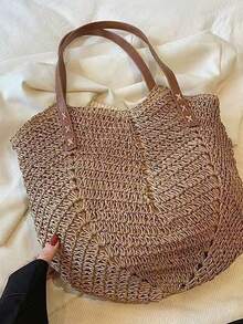 Khaki Crochet Woven Tote Bag, Oversized One Shoulder And Handbag, Made Of Straw With Green Artificial Flower Decor. Large Capacity, Suitable For Beach Vacation And Casual Outfits. - Khaki - View 3