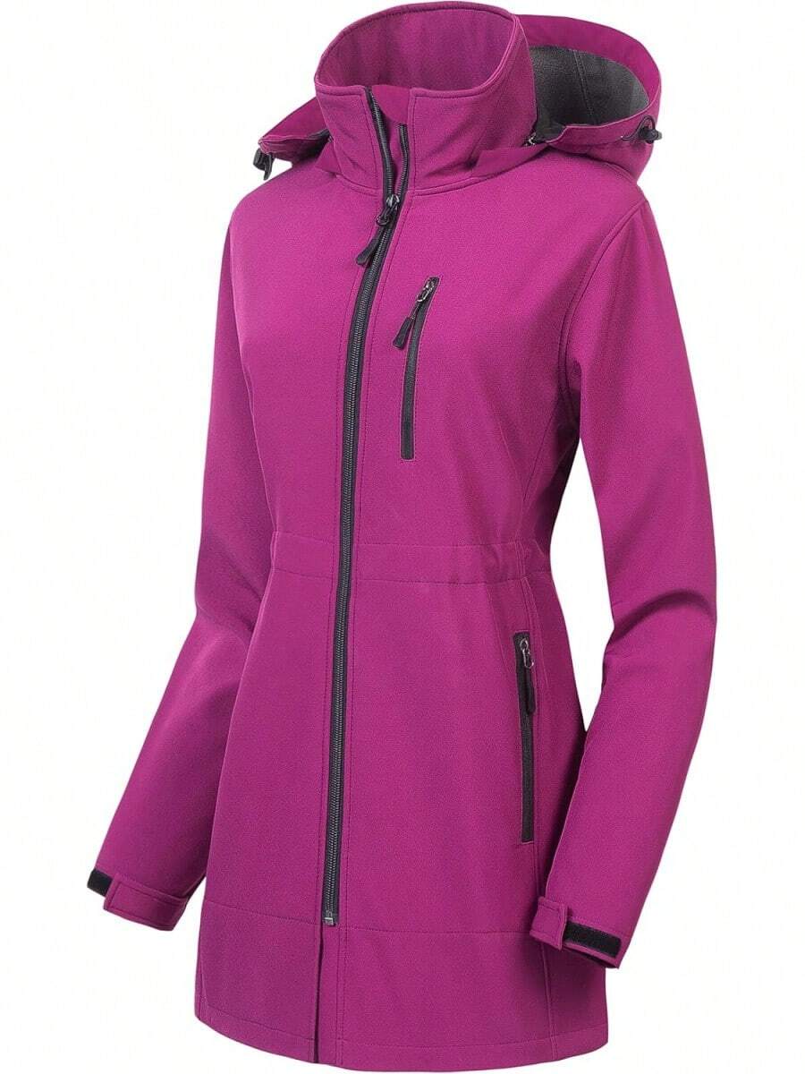 Women's Waterproof Long Trench Coat Fleece Lined Softshell Jacket Lightweight Hooded Raincoat Warm Windbreaker For Outdoor Running Hiking - 紫色 - 查看 1