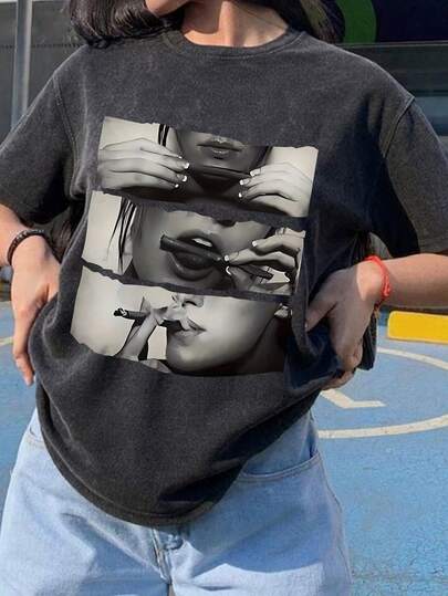 Women's Summer New Portrait Print Round-Neck Short-Sleeve T-Shirt, Casual Loose Versatile Top, Fashionable Daily Wear Black