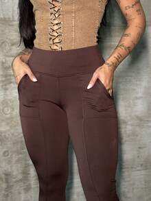 Brown Flannel Leggings With Front Pockets For Winter - 鏽棕色 - 查看 1