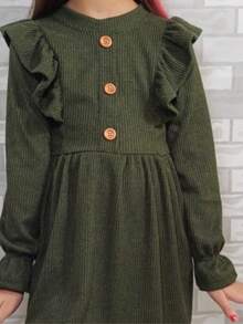 Vestido Inverno Infantil e Juvenil para Meninas e Adolescentes Canelado Ribana com Detalhes de Botão Vestido Midi Teen Frufru Babado Outono e Inverno (VINF432) - Preto - Visão 2