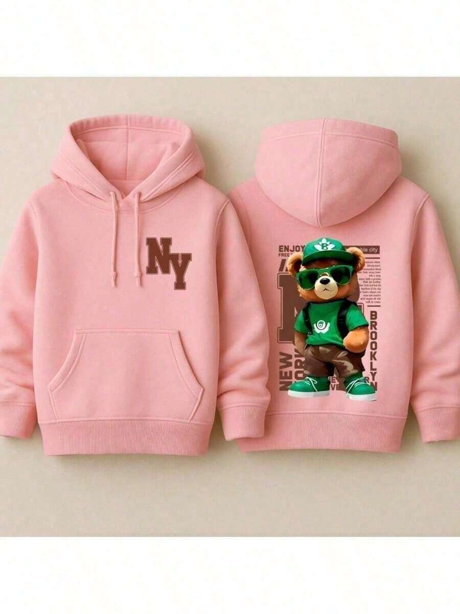 Children's Bear Hoodie Sweatshirt, Cotton, Comfortable, Various Colors And Sizes - Rosa Pálido - Ver 1