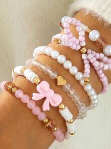 1 Set Cute Faux Pearl & Crystal Butterfly Beaded Bracelet Set, Suitable For Girls, Friendship Jewelry, Party Gift - Multicolor - View 1