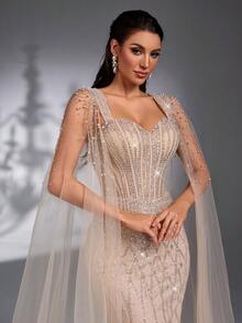 IBTRLY New Elegant Luxurious Rhinestone Bubble Pearl Sequin Mermaid Evening Gown With Bubble Pearl Rhinestone Embellished Sleeves, Suitable For Red Carpet Events, Luxury Weddings, Galas, Art Gallery Openings, Parties, Wedding Guest Attire, Formal Occasions Party Spring - Apricot - View 12