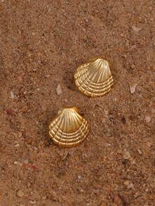 1-6 Pares de Brincos de Botão com Concha Dourada Estilo Férias na Praia, Conjunto de Brincos Delicados com Laço, Brincos Elegantes para Uso no Escritório Adequados para Uso Diário por Mulheres - Dourado - Visão 3