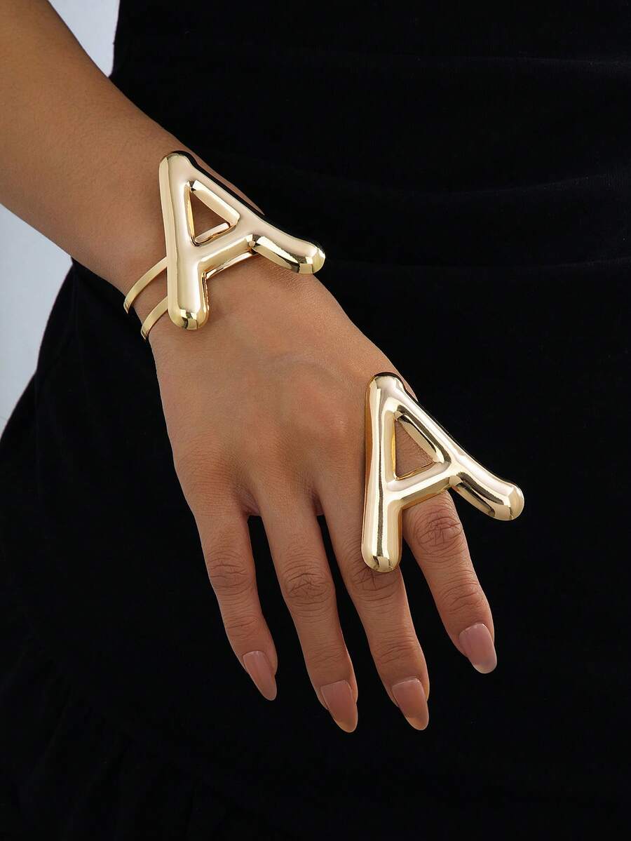 2pcs Women's Open Letter & Geometric Bracelet And Ring Set - Geometric Letter Set - View 1