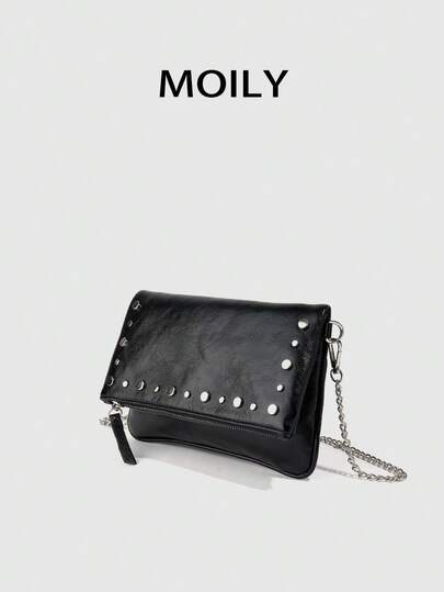 1pc Rivet Design Shoulder Crossbody Square Bag, PU Material, Metal Chain, Zipper Closure, Suitable For Shopping, Dating, Commuting, Party, Gift Giving