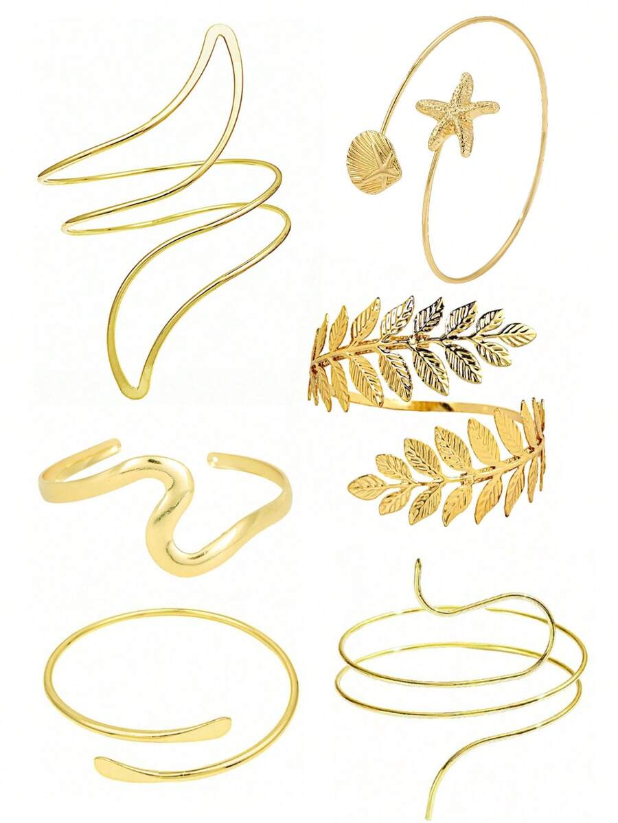 6pcs Set Metal Bangle Bracelets, Minimalist Gold Geometric Asymmetrical Wave Shape, Starfish & Leaf Coil Design, Adjustable Open Cuff, Suitable For Couples, Women Daily & Party Wear - 6PC Gold AT031 - View 1