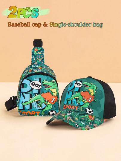 2pcs 3-6 Years Old Boys' Cartoon Dinosaur Print Baseball Cap And Chest Bag Set, Cute And Playful, Shading, Adjustable, Convenient Storage, Suitable For Daily School, Travel, Holiday, Can Be Given As Gift