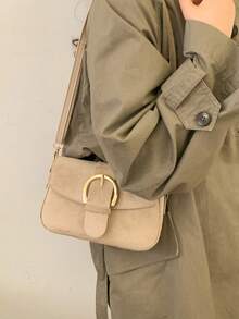 Women's Flap Small Handbag, Fashionable Metal Buckle Decor Square Bag, Shoulder Crossbody Bag - Khaki - View 3
