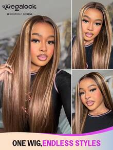 MEGALOOK 13x6 3rd Generation Seamless Silky Straight Human Hair Wig - 100% Real Human Hair Pre-Cut Ear To Ear Transparent Lace Hairline Pre-Trimmed Pre-Bleached Knots No Glue Needed Wig, Brown Blonde Ombre Roots, 180% Density, 18-30 Inches, Beginner Friendly Natural Daily Wear - SP4/27 - View 3