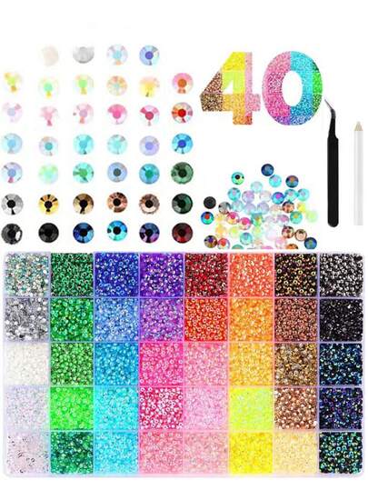 40色树脂珠水钻，3毫米，32000颗平底宝石，适用于DIY工艺品装饰，包含点钻笔和镊子，可用于衣服、鞋子、美甲贴纸和钻石画创作。