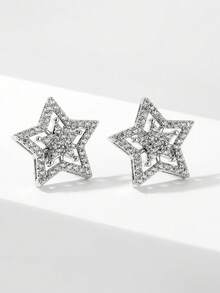 1 Pair Sparkling Rhinestone Star Earrings, Korean Elegant Minimalist Star Stud Earrings For Women, Party & Gift - Silver - View 8