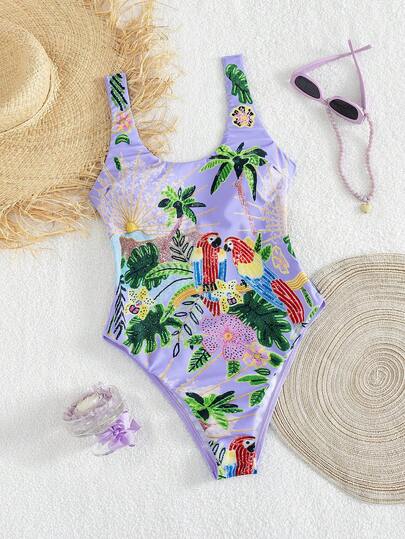 QKJ Bộ đồ bơi liền thân in hình cây cọ và vẹt gợi cảm mới năm 2026, thích hợp cho kỳ nghỉ biển, bikini sexy, trang phục đi nghỉ mát cho nữ, trang phục đi biển cho nữ, trang phục mùa hè cho nữ, đồ bơi cho nữ.