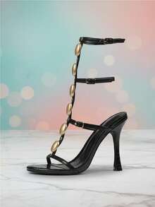 Elegant High Heel Strappy Sandals For Women Pearl Decor Open Round Toe Stiletto Black High Heels Roman Sandal T Strap Buckle Jewelled Slip On Party Bridal Wedding Dressy Business Casual Fashion Work Comfy Outdoor DatingGladiator Easter Gifts Spring Womens Summer Sandals - 黑色 - 查看 6