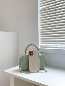 Solid Color PU Striped Embossed Vertical Stripe Fashionable Oval Twist Metal Handle City Tote Bag For Women - Mint Green - View 6