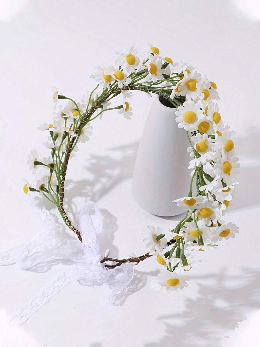 白色雏菊丝带花环 - 非常适合派对、节日、海滩和婚礼 - 均碼 - 查看 1
