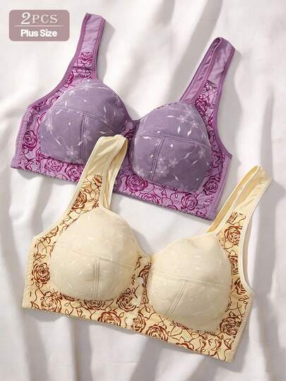 2pcs Plus Size Women Front Closure Wireless Lace Print Camisole Bra