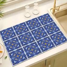 1pc Bohemian Style Square Pattern Printed Absorbent Dish Drying Mat, Espresso Machine Countertop Absorbent Mat, Sink Drain Mat, Soft Faucet Absorbent Mat, Sink Cup Mat, Home Decor, Kitchen & Bathroom Accessories - Multicolor - View 3