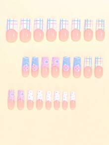 24pcs Y2K Colorful Polka Dot, Striped, Plaid, Circle Glossy Nude Elegant & Cool Designed Press-On Nails, Fashionable & Versatile For Dates, Parties, Spring/Summer, Autumn/Winter Daily Wear, Includes Jelly Gel And File, Easy To Apply And Durable, Random Jelly Gel Color - Multicolor - View 3