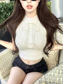 法式时尚辣妹针织吊带背心，夏季简约露背系带无袖短款上衣 - 杏色 - 查看 6