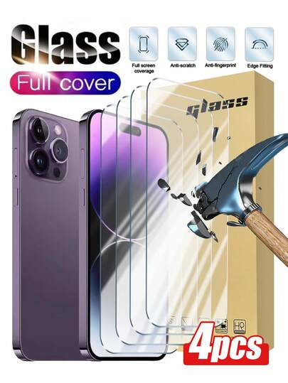 4 peças Protetor de Tela de Vidro Temperado de Cobertura Total, Anti-impressão digital, Anti-arranhões, Anti-queda, À prova d'água, À prova de poeira, Compatível com iPhone 17 Pro Max/17 Pro/17 Air/17e/17/16/15/14/13/12/11 Pro Max/XR/X/XS Max/7/8 Plus