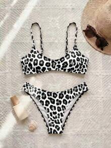 Adjustable Strap V-Neck Leopard Print Bikini Set, Bohemian Style For Beach, Vacation, Date, Party, Casual And Elegant - Multicolor - View 2