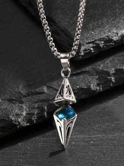 1件时尚优雅镶嵌蓝色立方氧化锆吊坠项链，男女皆宜，复古街头派对礼物及配饰