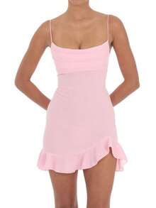 Vestido mini con volantes para mujer, de un solo color, con cuello cuadrado, sin mangas, con tirantes de espagueti, espalda cruzada y ajustado, para uso en clubes - Rosa - Ver 1