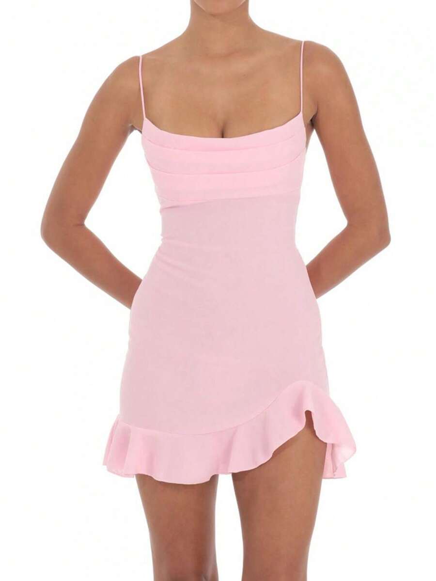 Vestido mini con volantes para mujer, de un solo color, con cuello cuadrado, sin mangas, con tirantes de espagueti, espalda cruzada y ajustado, para uso en clubes - Rosa - Ver 1