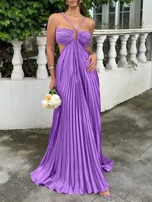 Summer Solid Purple Strapless Ruched Backless Dress | Bohemian Elegant Sexy, Suitable For Date Night, Party And Valentine's Day Wedding Spring - Purple - View 7