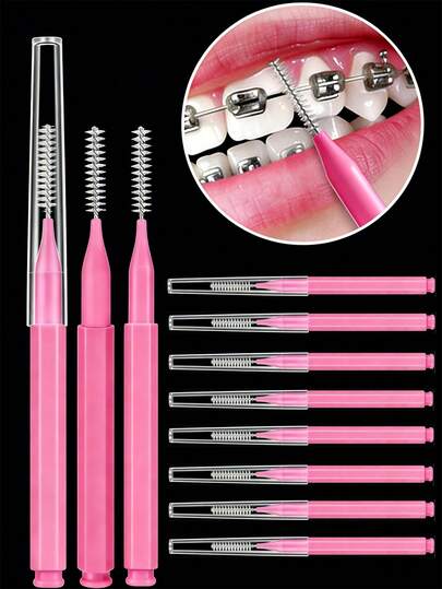 200pcs Pink & Red Dental Interdental Brushes, Micro Portable Toothpick With Dust Cap, Oral Hygiene Cleaning Tools. Also Suitable For Eyelash, Mascara, Eyebrow Makeup Brushes. Essential For Home, Travel, Party Dining