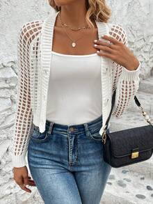 Lightweight Women's Short Cardigan, Long Sleeve Design, Hollow-Out Knit Fabric - White - View 4