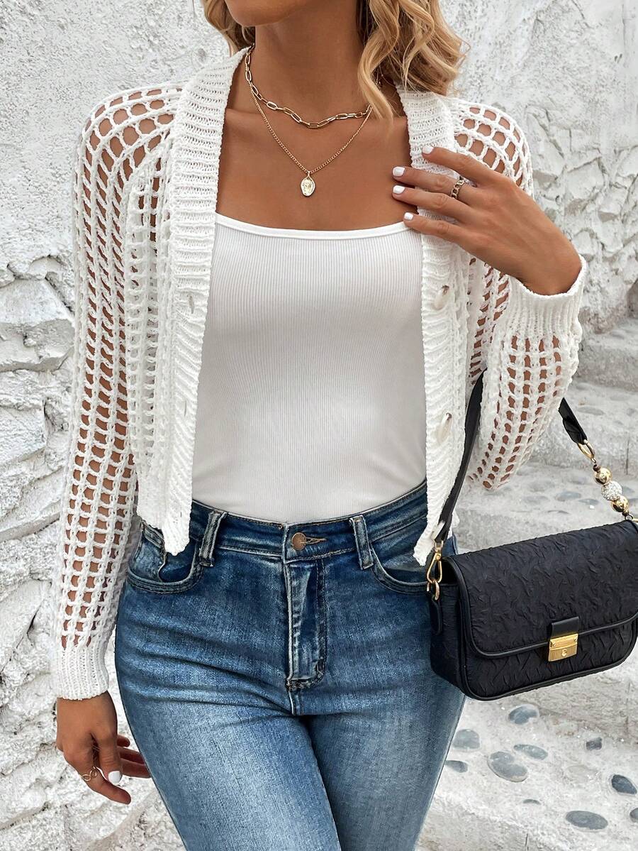 Lightweight Women's Short Cardigan, Long Sleeve Design, Hollow-Out Knit Fabric - White - View 1
