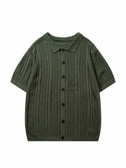 Áo khoác cardigan cổ polo nam mùa xuân/hè, họa tiết xương cá, màu trơn, tay ngắn, chất liệu dệt kim, màu xanh rêu, phù hợp cho cả công sở và thường ngày.