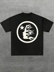 Size Plus Flame Face And Star Vintage Print T Shirt Retro Graphic 100% Cotton T Shirt 1pcs Hip Hop Casual Round Neck Short Sleeve Men's Graphic Tee Spring And Summer Streetwear - màu đen - Xem 8