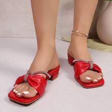 New Summer Slip-On Elegant High Heel Shoes, Solid Color PU Leather With Rhinestones, Thick Heel, Suitable For Wedding, Party, Holiday, Beach - الأحمر - مشاهدة 5