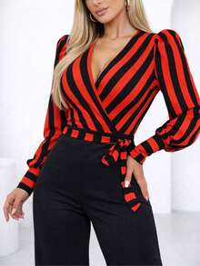 Women's Chic Long-Sleeved Striped Jumpsuit With Wide-Leg Pants, Ribbed And Elastane, Slim Fit, V-Neck, Casual And Elegant Winter Fashion - 橘色 - 查看 2