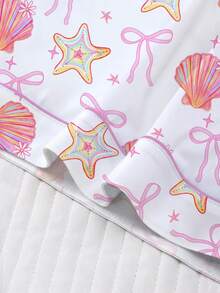 2pcs/Set Spring/Summer Women's Pajama Set, Ocean Element Bow Print Romantic Gift, Comfortable Shirt Collar Short Sleeve Top And Elastic Waist Shorts, Sleepwear For Parties, Casual Outdoor And Home Wear - 白色 - 查看 6