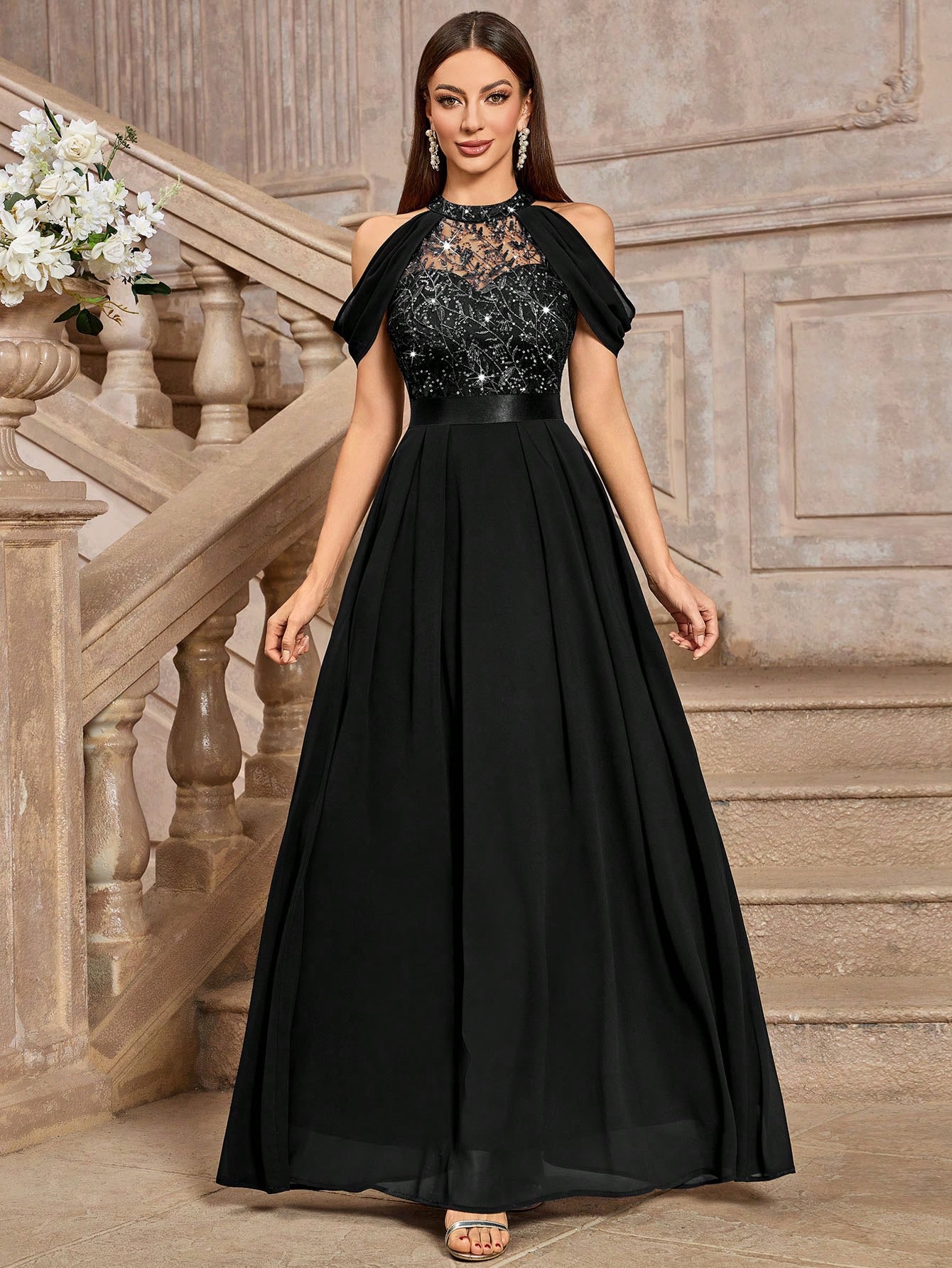 MIUSOL فستان سهرة أنيق بياقة عالية مزين بالترتر وا...