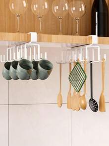 1 Pc White / Black12-Hook Storage Rack, No Drilling Multi-Functional Hook Rail, Wall Mounted Adhesive Hooks For Wardrobe & Kitchen Use, Track Style Utensil Hanger & Pot Rack Organizer, Space-Saving Home Accessories - Multicolor - View 4