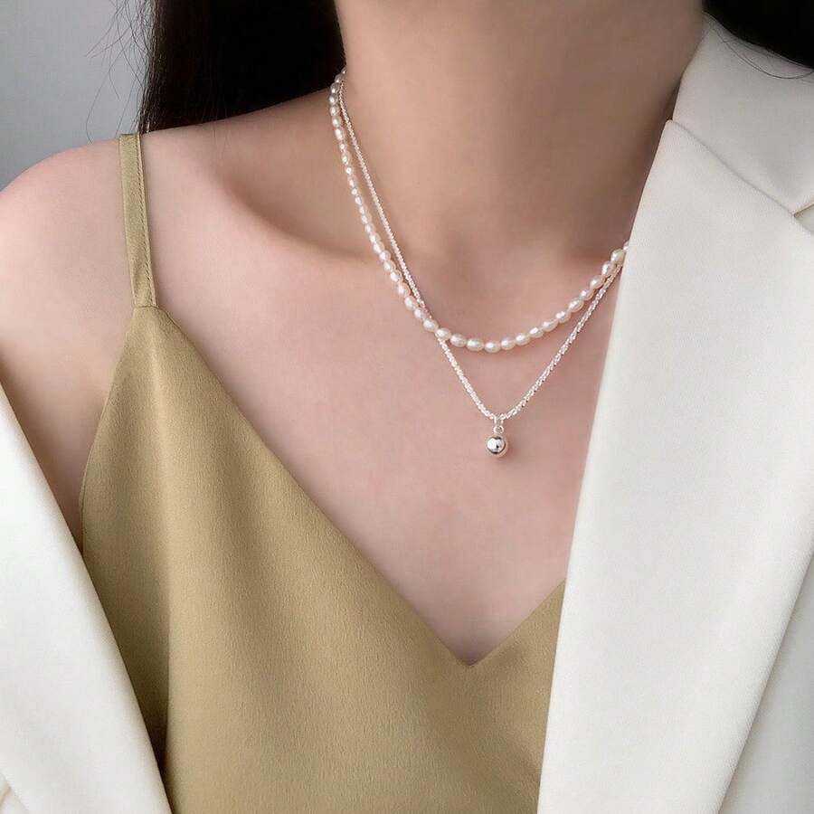 Natural Freshwater Pearl Necklace For Women, Fashionable Baroque Collarbone Chain, Niche Design, 14K Gold-Plated Choker, Sweater Chain - 13圓珠雙層淡水珍珠項鍊 - 查看 1