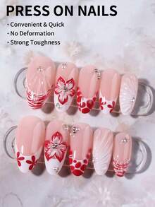 24片杏仁形3D凝胶美甲贴纸，花卉法式美甲贴纸，中长款3D合金十字珍珠装饰，适用于亚克力指甲，包含1瓶胶水和1个指甲锉，适合女性日常、节日、派对使用。 - 彩色 - 查看 2