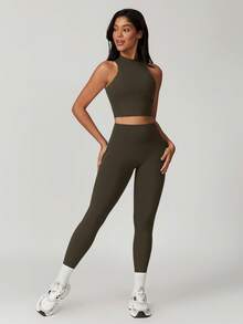 MASKERT 女士瑜伽健身高弹舒适亲肤紧身裤 - 橄欖綠 - 查看 7