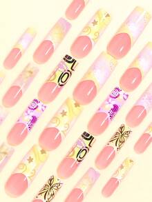 Upgrade Your Look With Y2K Style! Use 24pcs Rectangular Press-On Fake Nails To Change Your Nails, With Fresh And Dreamy: Light Yellow Gradient Star Pattern; Wide-Edge French Nude Base; Minimalist Fashionable Y2K Style Press-On Nails; Brown Line Butterfly Pattern; Colorful Asymmetrical Geometric Shapes - Multicolor - View 4