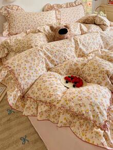 四件套花卉蕾丝床上用品，柔软舒适，透气柔软，四季皆宜。套装包含：1个被套、1个床单、2个枕套（不含填充物），适用于卧室、宿舍、家庭使用，多种尺寸可选。 - 彩色 - 查看 3