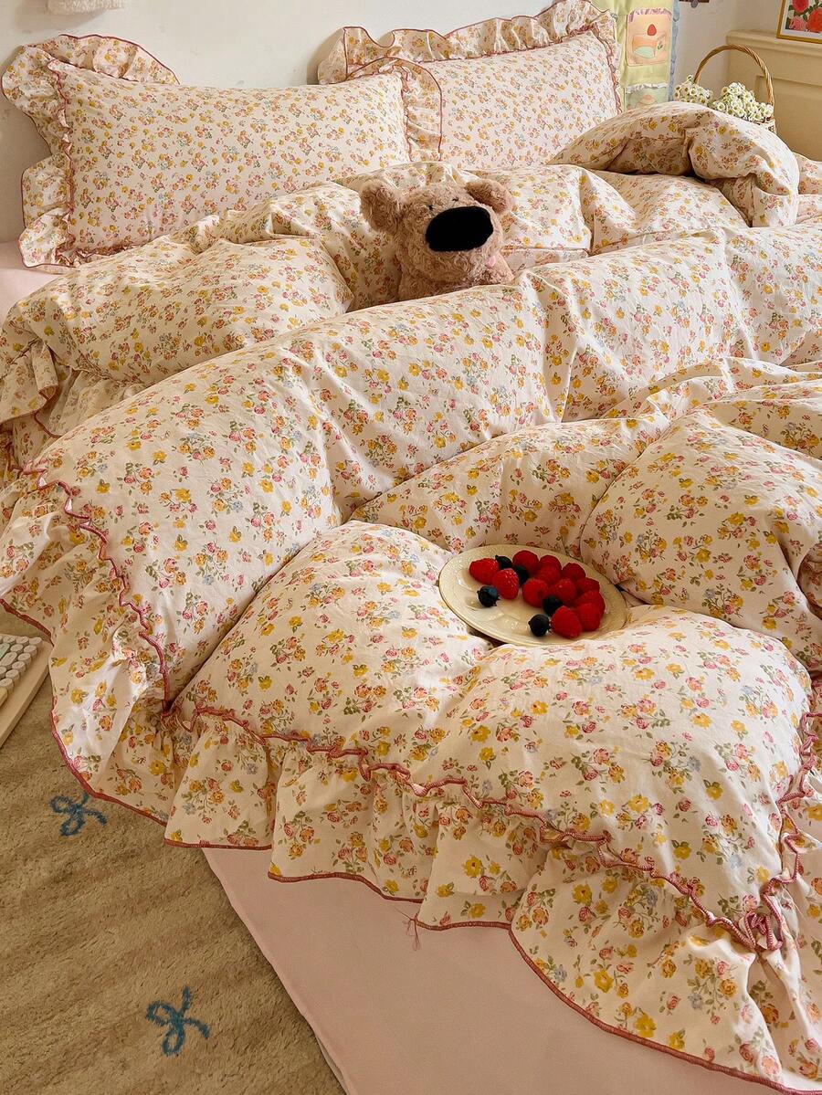 Bộ ga trải giường ren hoa 4 món, bộ đồ giường ngủ mềm mại và thoải mái, họa tiết hoa dễ thương, thoáng khí và mềm mại, bộ ga giường bốn mùa bao gồm 1 vỏ chăn, 1 ga trải giường, 2 vỏ gối, không kèm ruột chăn, thích hợp cho phòng ngủ, ký túc xá, nhà ở, nhiều kích cỡ có sẵn. - Nhiều màu - Xem 1